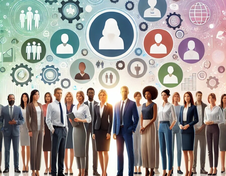 this is an image of a group of diverse business people from different backgrounds and ethnicities. Above them are various icons to represent diversity and different roles people play.