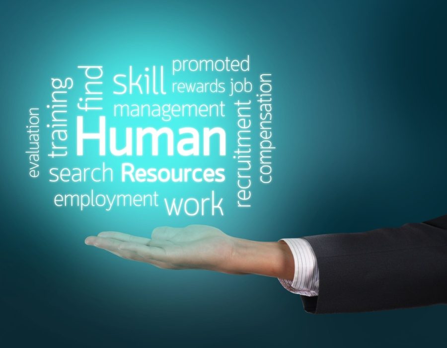 This is an image of a hand with words above it describing Human Resources, Training, Skills, Management, etc...